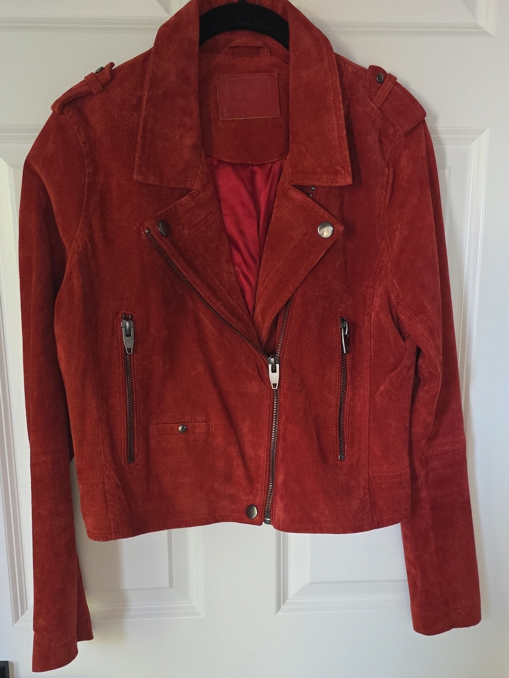 SL8 Red Suede Moto Biker Jacket Women Genuine Leather Asymmetrical Zip Size L